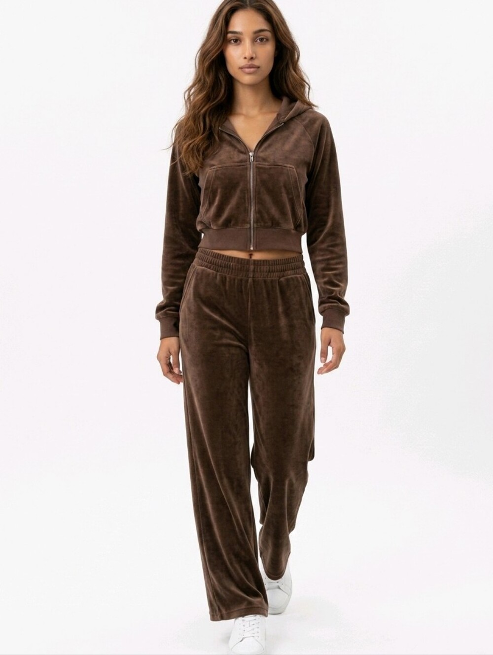 H&M Brown Velvet Wide-Leg Pants With Zip Front Crop Hoodie
